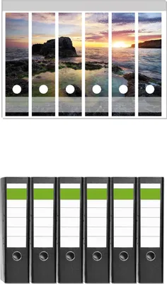 Produktbild von Wallario 6 Stück breite Ordner inkl. Klebeetiketten mit Motive Felsige Küste bei Sonnenuntergang -  Set mit Rückenschildern / Ordnerrücken Stickern