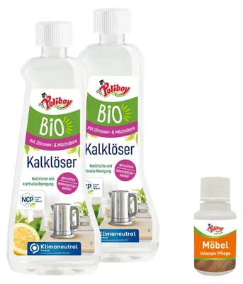 Produktbild von Poliboy 2er Kalklöser mit Möbel Probe - hygienisches & natürliches Entkalken - gegen Kalkablagerungen - Vegan - 2x500ml - 99A1601