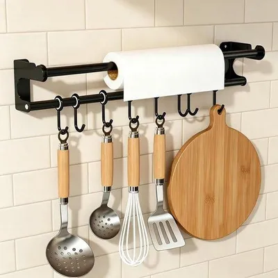 Produktbild von Wandregal für die Küche, 50 cm - Küchenutensilienhalter mit 8 verstellbaren Haken - Platzsparende Aufhängeleiste für Pfannenwender, Löffel und Schneidebretter