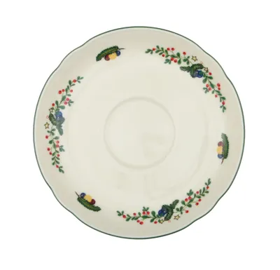 A top-down view of a decorative plate with a festive holiday design.