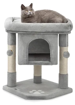 Produktbild von lionto Kratzbaum für Katzen 60 cm, mit Kuschelhöhle, Plüschbällen & robusten Sisalstämmen, platzsparend & modern, hellgrau