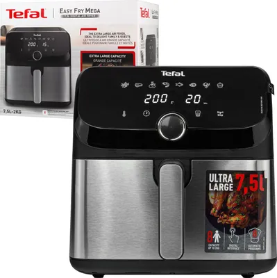 A product shot of a Tefal Easy Fry Mega air fryer and its packaging.