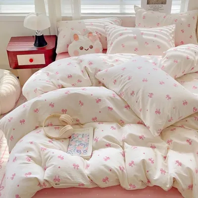 Obrázek produktu pro Sada povlečení na postel 200x200 cm, bílá, s růžovými mašlemi a srdíčky, 2 povlaky na polštáře 80x80 cm, mikrovlákno,  OEKO-TEX