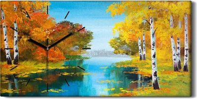 Produktbild von Wanduhr Bürouhr Leinwand Bild Geräuschlos 60x30 Malerei Landschaft Birken Wald - schwarze Hände