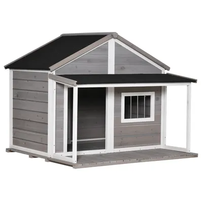 Produktbild von PawHut Hundehütte aus Massivholz Kleintierhaus isoliertes Hundehaus mit Terrasse Asphaltdach Outdoor wetterfeste Hütte für draußen Grau 127 x 112 x 109 cm