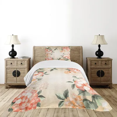 Produktbild von ABAKUHAUS Blumen Tagesdecke Set, Blühende Hortensie-Blumen verlässt Blumenstrauß-Weinlese-Art-Frühlings-Natur-Druck, 170 x 220 cm, Reseda Grün Lachs