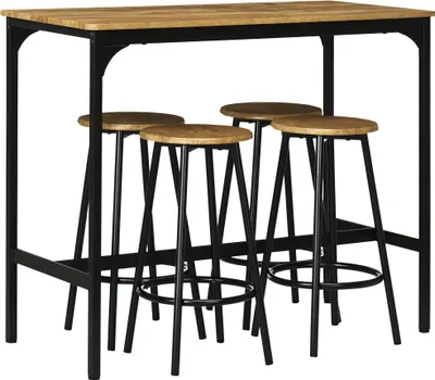 Produktbild von 5-tlg. Bartisch-Set im Industriedesign, 1 Bartisch, 4 Barhocker, Sitzgruppe, Küchentresen, Schwarz + Braun