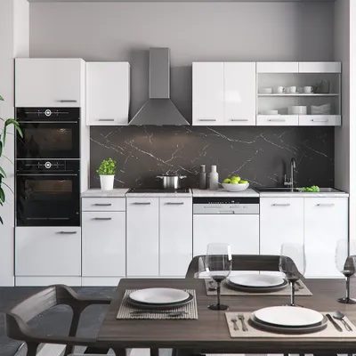 Obrázok produktu pre Kuchynský kút Vicco R-Line Biely vysoký lesk 300 cm s vysokou skrinkou, s pracovnou doskou, Model 29225