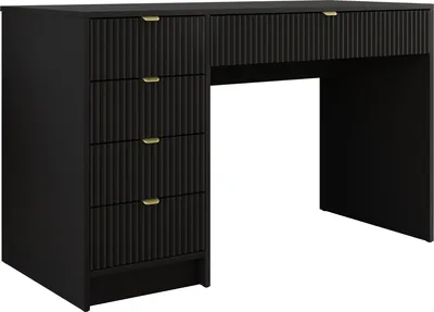 Produktbild von MIRJAN24 Schreibtisch / Schminktisch Tireno mit 5-Schubladen, Fronten gefräst, Aluminiumgriffe in der Farbe Gold, universell - Links / Rechts (Farbe: Schwarz Molet)
