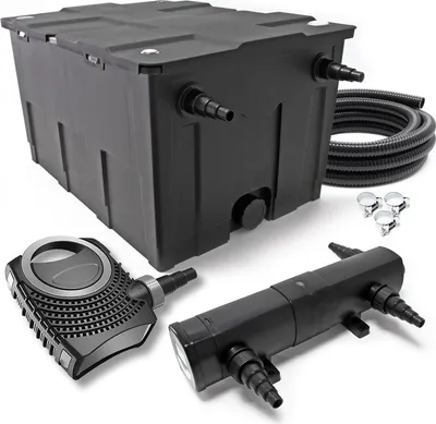 Obrázek produktu pro Kompletní sada Wiltec: CBF-550 jezírkový filtr do 60000 l jezírkový filtrační systém s kontinuálním průtokem, NEO12000 jezírkové čerpadlo 12000 l/h 100 W, CUV-224 jezírkový odkalovač 24 W, 10 m jezírková hadice 38 mm, hadicové svorky W1 44-47 mm