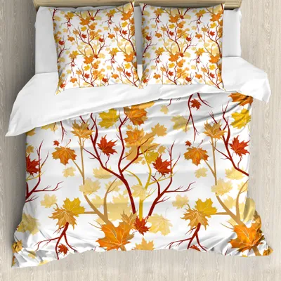 Produktbild von ABAKUHAUS Fallen Bettbezug, Herbst-Jahreszeit-Elemente Natur, Milbensicher Allergiker geeignet mit Kissenbezügen, 200 cm x 200 cm - 80 x 80 cm, Gelb Orange
