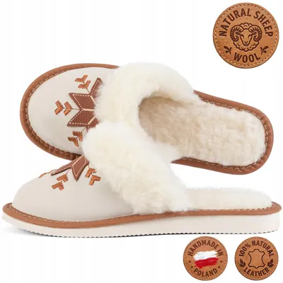 Productafbeelding van Damen slippers, leer, schapenvacht, bruin, handgemaakt, warm gevoerd, maat 39