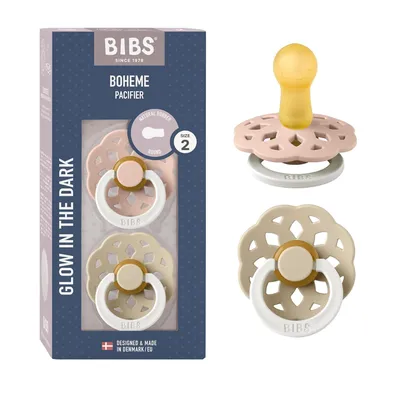 Produktbild von BIBS Boheme Glow Schnuller 2er-Pack. BPA-frei. Leuchtet im Dunkeln, Kirschform Nippel. Naturkautschuk / Latex, Hergestellt in Dänemark. Größe 2 (6-18 Monate), Blush Glow / Vanilla Glow