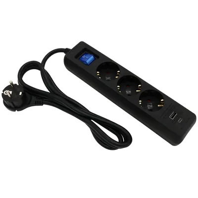 A black power strip with three outlets and two USB ports, shown on a white background.