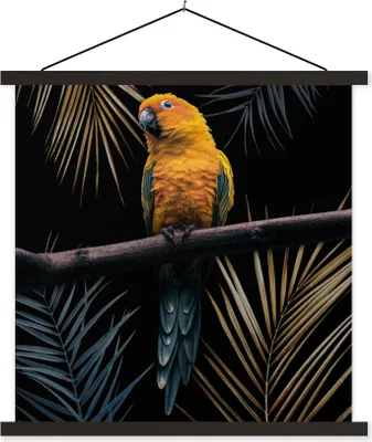 Produktbild von MuchoWow® Textilposter Vogel - Papagei - Zweig - Blätter 90x90 cm mit schwarzem Rahmen - Magnetisches