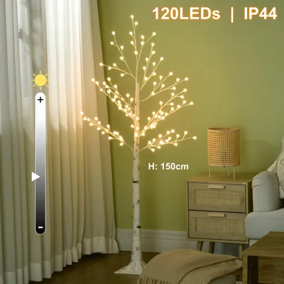Produktbild von LED Lichterbaum Birke 150 cm mit 120 Warmweißen LEDs – Dimmbarer Birkenbaum IP44 für Innen & Außen, Biegsame Äste, Weihnachtsbeleuchtung.