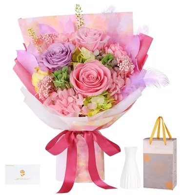 Rosenstrauß mit Vase, konservierte Rosen, 3 Stück, rosa, 34 cm