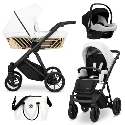Produktbild von Kinderwagen IVENTO GLAM Sportwagen Babywagen Babyschale Komplettset Kinder Wagen Autositz Set 3 in 1 (Eco White Pearl, Rahmenfarbe: schwarz)