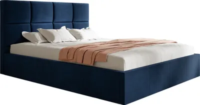 Obrázek produktu pro Čalouněná postel, 180x200 cm, Manželská postel, s podnožkou, s roštem, s čelem, Moderní postel, Robustní, Elegantní, Prvotřídní kvalita, Štíhlá, Tmavě modrá