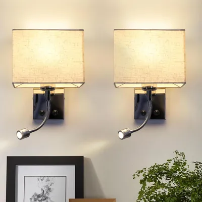 Wandleuchte 2er-Set, LED-Leseleuchte, 360° schwenkbar, Stoffschirm, E27
