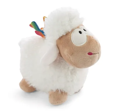 A plush toy sheep with rainbow wings, shown from a side-angle on a white background.