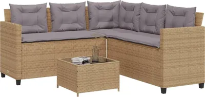 Produktbild von Design Gartensofa in L-Form mit Tisch und Kissen Beige Poly Rattan, Gartenmöbel-Sets 2024 Neu