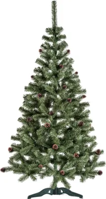 A full shot of a green artificial Christmas tree with small pinecones attached, standing on a dark green stand against a white background.