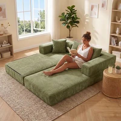Produktbild von LVHOM Modulares Schlafsofa aus Chenille, Klappbares Bodensofa mit Seitentasche, Polstersofa Klappsofa Bettcouch 198x79/159cm, Grün