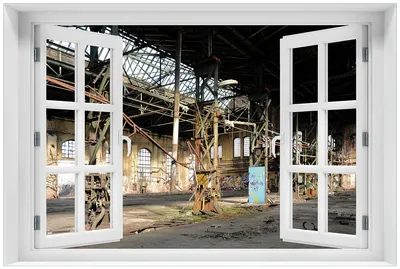 Produktbild von Wallario Premium Glasbild mit Fensterrahmen, freischwebende Optik, kräftige Farben, Größe 60 x 90 cm Motiv Verlassene Industriehalle - Alte Fabrik