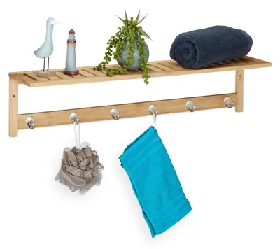 Image de Porte-serviettes mural - Porte-serviettes salle de bain - 6 crochets - Bambou naturel - 75 cm