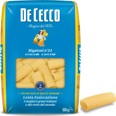 Obrázek produktu pro De Cecco QSX0024, Rigatoni, Krátké těstoviny, 500 g, 12 min, 14 min, 351 kcal