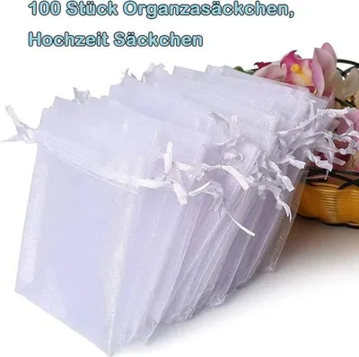 Produktbild von 100 Stück Organza-Geschenktüten mit Bändern für Weihnachtsgeschenke, Gastgeschenke bei Hochzeiten und Partys (7x9cm)