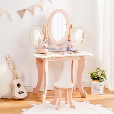 Image de Table de maquillage pour enfants ROBUD en bois, avec tabouret, miroir et accessoires