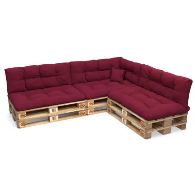 A sectional sofa made of wooden pallets with dark red cushions, shown against a white background.