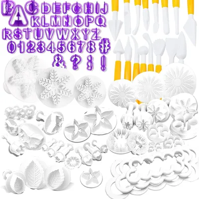 Produktbild von Fondant-Ausstecher-Set zum Tortendekorieren, 87 Backformen, Keksausstecher mit Buchstaben, Modellierwerkzeuge, Rosenformen, Fondant-Ausrufezeichenstempel zum Tortendekorieren.