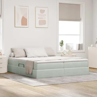 Imagen del producto de Cama con almacenamiento y colchón, color gris claro, 200 x 200 cm, tapizada en terciopelo