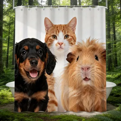 Produktbild von 3D Duschvorhang 200x200 mit Katze, Hund und Meerschweinchen, wasserdicht und antischimmel