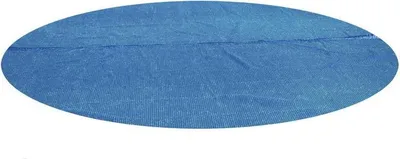 A blue, round solar cover for a pool.