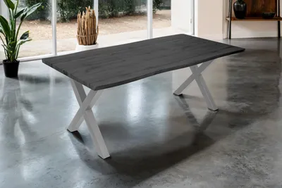 Produktbild von Esstisch 200x100 cm Baumkante Holz Grau-Optik X-Gestell Metall silber JOSY