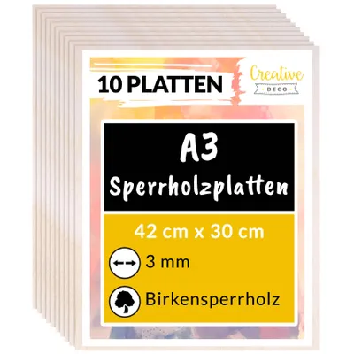Produktbild von Creative Deco 10 x A3 Holz-Platte | 420 x 300 x 3 ( +/- 0,5 ) mm | Dünne Sperrholz-Zuschnitte | Perfektes Blatt für Laubsäge, Brandmalerei, Laserschnitt, CNC Router, Durchbrochenes