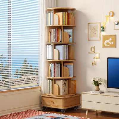 Produktbild von 6 Ebenen Drehbares Bücherregal, 360° Drehbares Rundregal mit Rollen und Schublade, Platzsparendes Drehregal, Holzfarbe