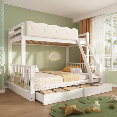 Immagine prodotto di Letto a castello MODFU, dimensioni 90x200 e 140x200, con 2 cassetti scorrevoli, letto per bambini con ringhiera a forma di nuvola, letto familiare in legno con portariviste, senza materasso, colore bianco