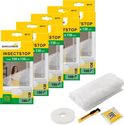 Produktbild von Schellenberg 5er Pack 50712 Fliegengitter für Fenster, Insektenschutz ohne bohren, zuverlässiger Schutz gegen Mücken, Fliegen und Insekten mit Befestigungsband, 100 x 130 cm, weiß