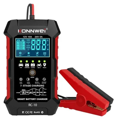 Obrázek produktu pro Inteligentní nabíječka pro automobilové baterie Konnwei RC-10, 12V/24V, 5A/10A, LCD displej, funkce pulzní opravy baterie, kompatibilní s bateriemi Li-Ion, LiFePO4, gelovými bateriemi, olověnými kyselinovými bateriemi, červená/černá