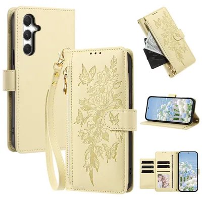 Image de Étui pour Samsung Galaxy A15 5G/4G, étui en cuirPolyuréthanede type portefeuille avec compartiments, support pour cartes et dragonne. Jaune