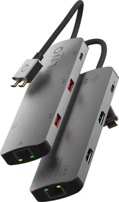 Two gray USB-C hubs are shown diagonally against a white background.