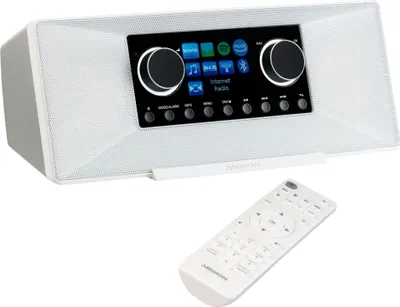 A white internet radio and its remote control are displayed on a white background.