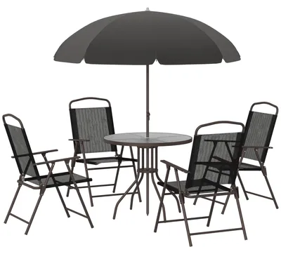 Produktbild von Gartengarnitur, 6-teilig – Bistrogarnitur – Klappstühle – Sonnenschirm – Glastisch – Schwarz