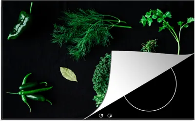 Produktbild von KitchenYeah© Herdabdeckplatte Gewürze und Kräuter auf schwarzem Hintergrund , 81x52cm, Küche Deko, Glaskeramikkochfeld Herdabdeckung, Abdeckplatte fùr Kochfeld