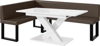 Produktbild von MEBLINI Eckbank für Esszimmer mit ausziehbarem Tisch  - Küchenbank - Essecke - Sitzecke Küche - ERIC - U-Beine 142x196x87cm Links - Braun Kunstleder/B Weiß Hochgl.